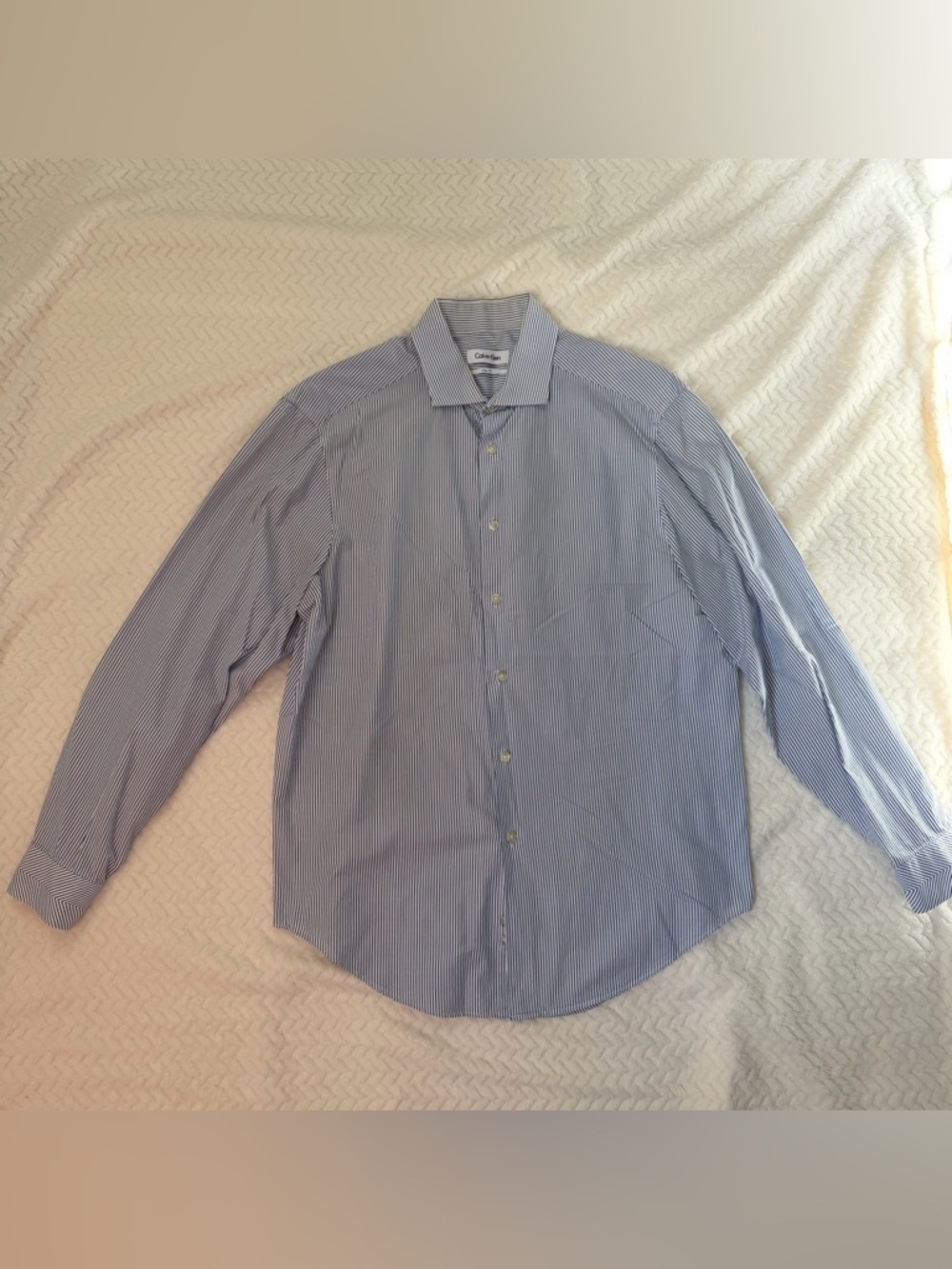 Calvin Klein Men's Light Blue and White Pinstripe Dress Shirt